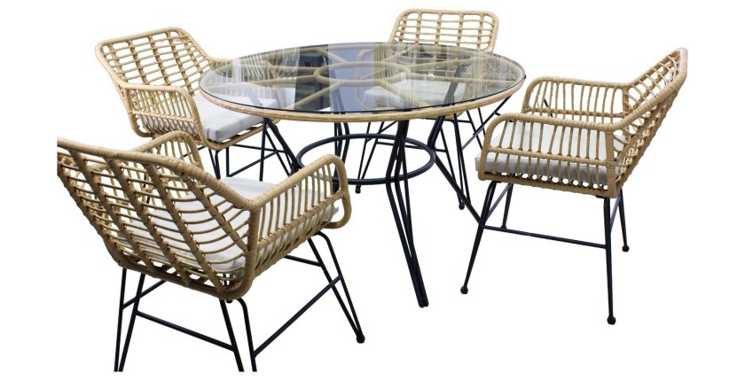 Salon de jardin VALORIA 4 places – Table et 4 chaises en rotin marron avec coussins gris 