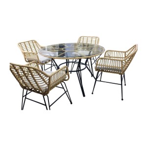 Salon de jardin VALORIA 4 places – Table et 4 chaises en rotin marron avec coussins gris 