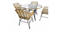 Salon de jardin VALORIA 4 places – Table et 4 chaises en rotin marron avec coussins gris 