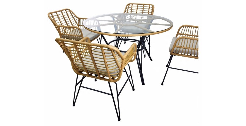 Salon de jardin VALORIA 4 places – Table et 4 chaises en rotin marron avec coussins gris 