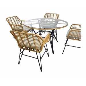 Salon de jardin VALORIA 4 places – Table et 4 chaises en rotin marron avec coussins gris 