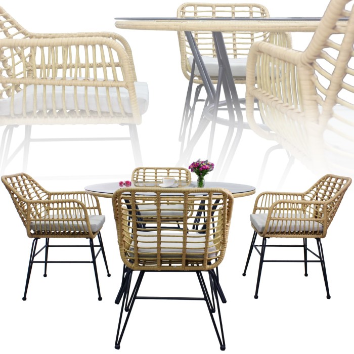 Salon de jardin VALORIA 4 places – Table et 4 chaises en rotin marron avec coussins gris 