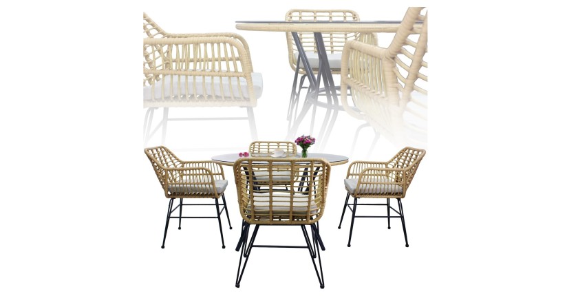 Salon de jardin VALORIA 4 places – Table et 4 chaises en rotin marron avec coussins gris 