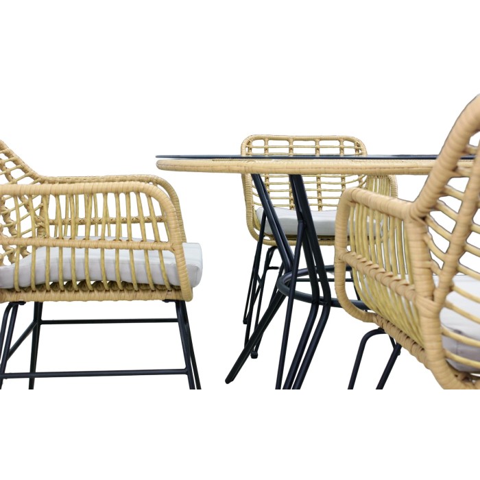 Salon de jardin VALORIA 4 places – Table et 4 chaises en rotin marron avec coussins gris 
