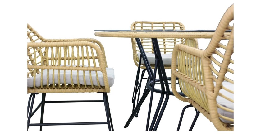 Salon de jardin VALORIA 4 places – Table et 4 chaises en rotin marron avec coussins gris 