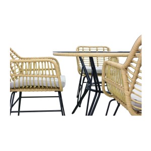 Salon de jardin VALORIA 4 places – Table et 4 chaises en rotin marron avec coussins gris 