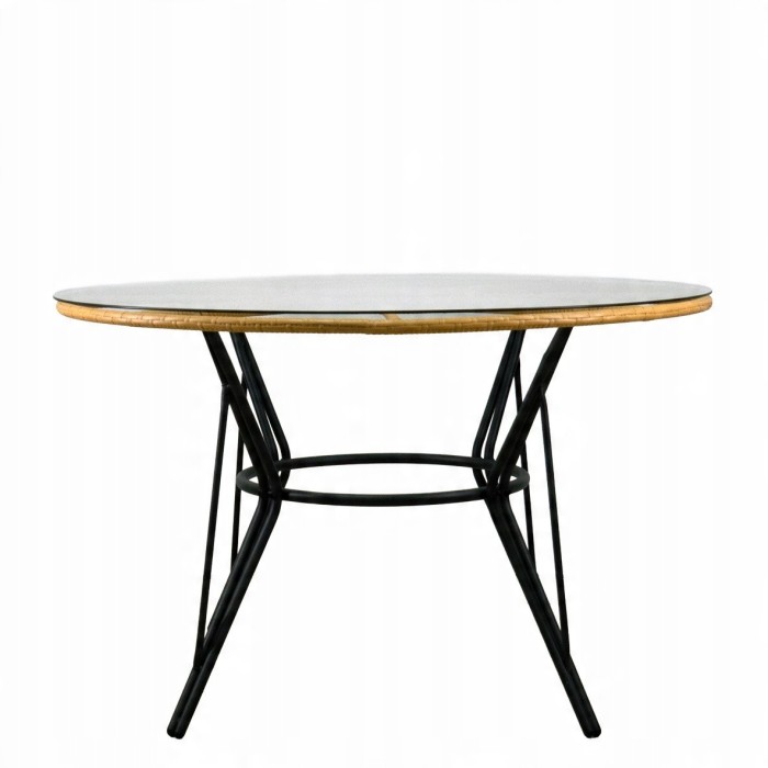Salon de jardin VALORIA 4 places – Table et 4 chaises en rotin marron avec coussins gris 