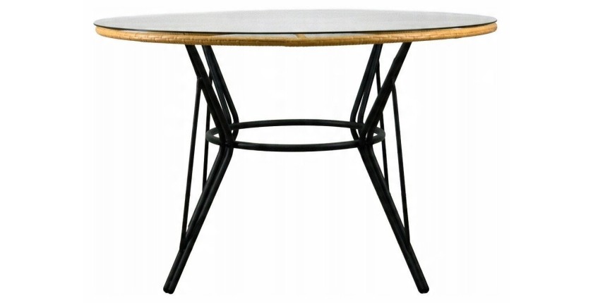 Salon de jardin VALORIA 4 places – Table et 4 chaises en rotin marron avec coussins gris 