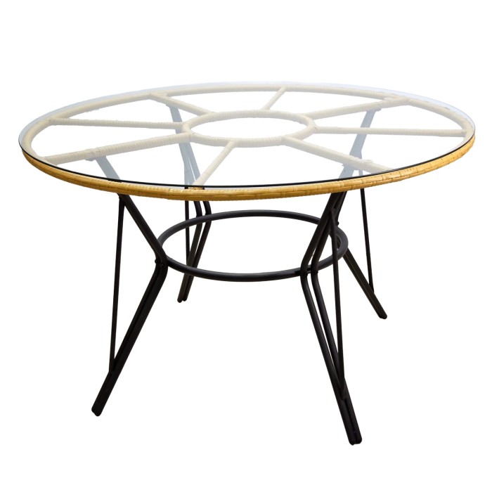 Salon de jardin VALORIA 4 places – Table et 4 chaises en rotin marron avec coussins gris 