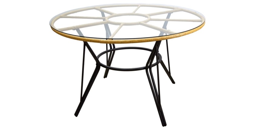 Salon de jardin VALORIA 4 places – Table et 4 chaises en rotin marron avec coussins gris 