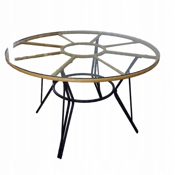 Salon de jardin VALORIA 4 places – Table et 4 chaises en rotin marron avec coussins gris 