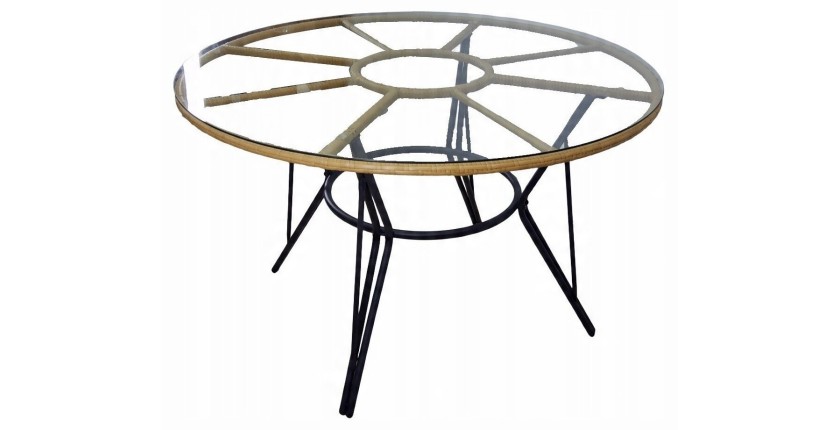 Salon de jardin VALORIA 4 places – Table et 4 chaises en rotin marron avec coussins gris 