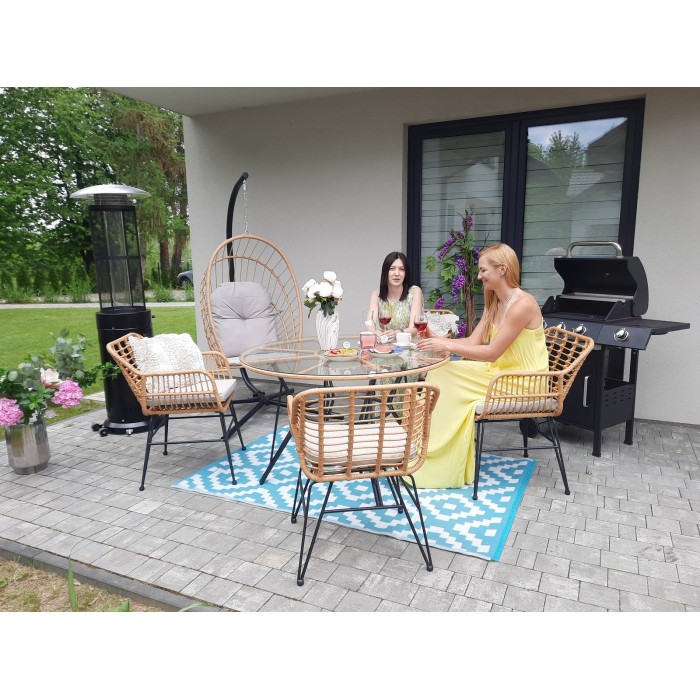 Salon de jardin VALORIA 4 places – Table et 4 chaises en rotin marron avec coussins gris 