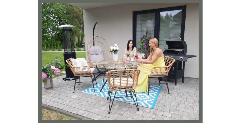 Salon de jardin VALORIA 4 places – Table et 4 chaises en rotin marron avec coussins gris 