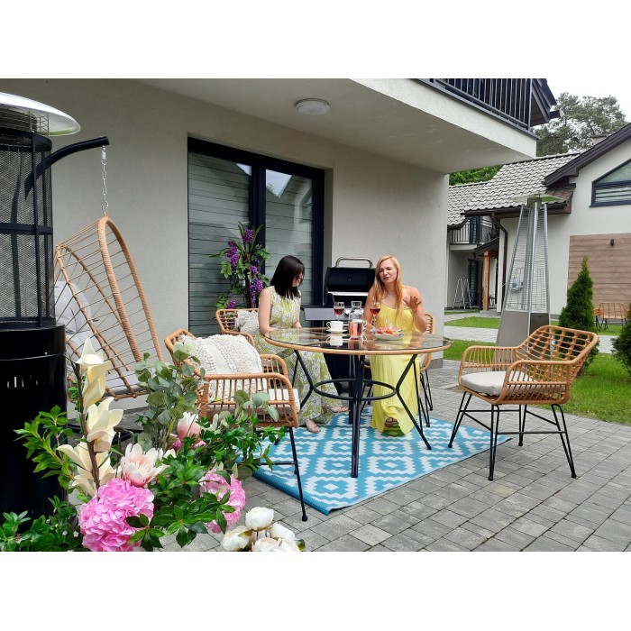 Salon de jardin VALORIA 4 places – Table et 4 chaises en rotin marron avec coussins gris 