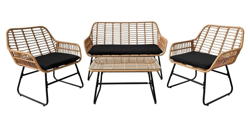 Salon de jardin CALYRA 4 places – Canapé 2 places, 2 fauteuils coussins noirs et table basse verre 