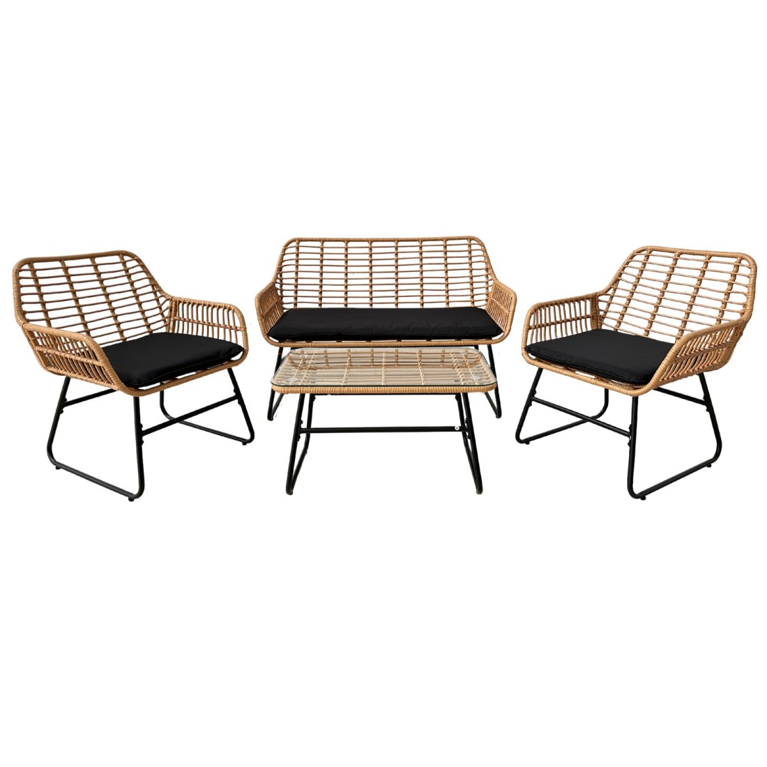 Salon de jardin CALYRA 4 places – Canapé 2 places, 2 fauteuils coussins noirs et table basse verre 