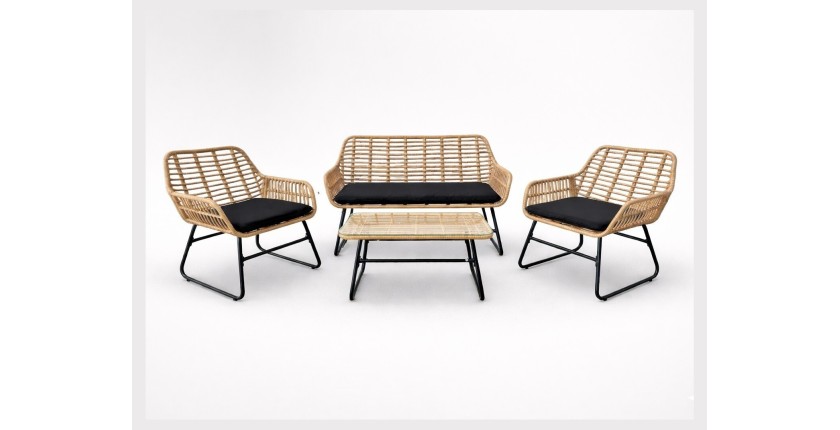 Salon de jardin CALYRA 4 places – Canapé 2 places, 2 fauteuils coussins noirs et table basse verre 