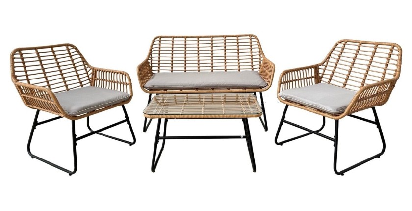 Salon de jardin CALYRA 4 places – Canapé 2 places, 2 fauteuils coussins gris et table basse verre 