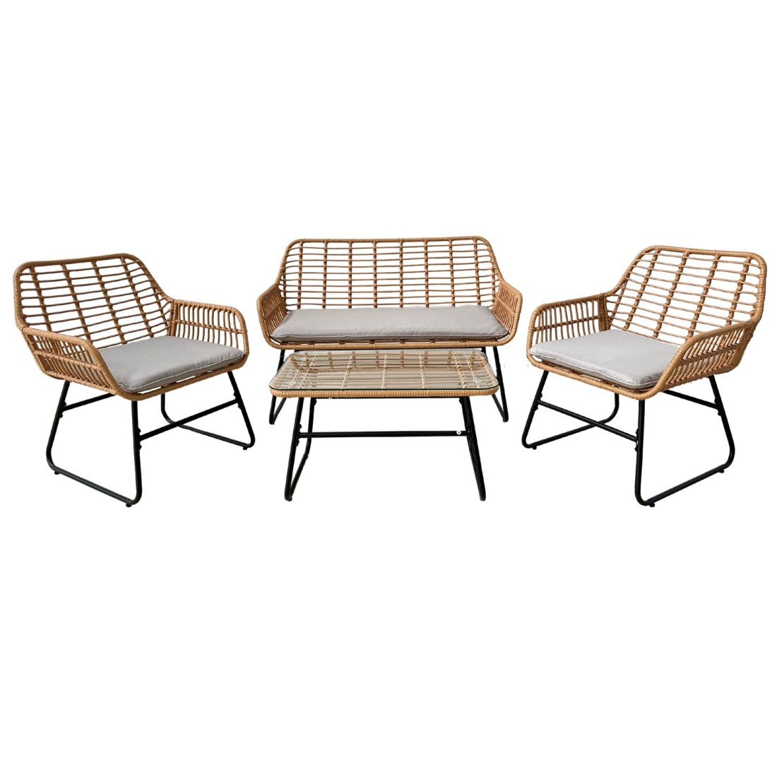 Salon de jardin CALYRA 4 places – Canapé 2 places, 2 fauteuils coussins gris et table basse verre 