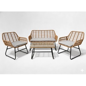 Salon de jardin CALYRA 4 places – Canapé 2 places, 2 fauteuils coussins gris et table basse verre 