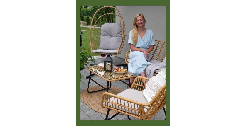 Salon de jardin CALYRA 4 places – Canapé 2 places, 2 fauteuils coussins gris et table basse verre 