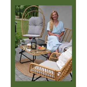 Salon de jardin CALYRA 4 places – Canapé 2 places, 2 fauteuils coussins gris et table basse verre 