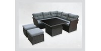 Salon de jardin d’angle ESTERIA 7 places gris avec 2 poufs et table relevable 