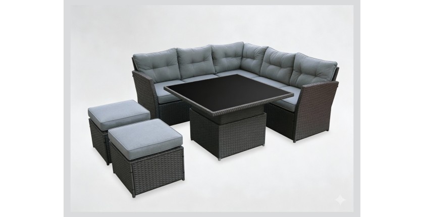Salon de jardin d’angle ESTERIA 7 places gris avec 2 poufs et table relevable 