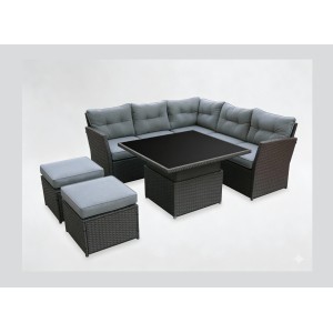 Salon de jardin d’angle ESTERIA 7 places gris avec 2 poufs et table relevable 