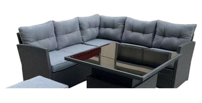 Salon de jardin d’angle ESTERIA 7 places gris avec 2 poufs et table relevable 