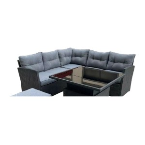 Salon de jardin d’angle ESTERIA 7 places gris avec 2 poufs et table relevable 
