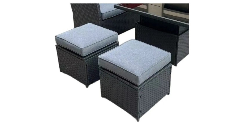 Salon de jardin d’angle ESTERIA 7 places gris avec 2 poufs et table relevable 