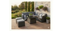 Salon de jardin d’angle ESTERIA 7 places gris avec 2 poufs et table relevable