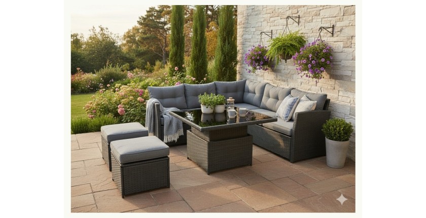 Salon de jardin d’angle ESTERIA 7 places gris avec 2 poufs et table relevable