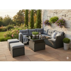 Salon de jardin d’angle ESTERIA 7 places gris avec 2 poufs et table relevable