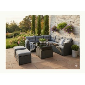 Salon de jardin d’angle ESTERIA 7 places gris avec 2 poufs et table relevable