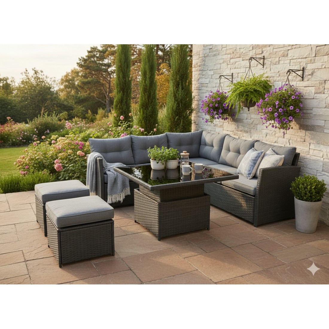 Salon de jardin d’angle ESTERIA 7 places gris avec 2 poufs et table relevable