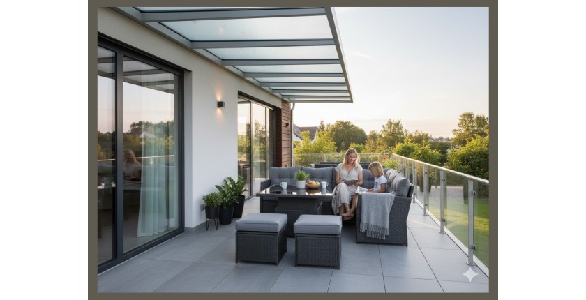 Salon de jardin d’angle ESTERIA 7 places gris avec 2 poufs et table relevable 