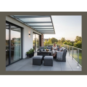 Salon de jardin d’angle ESTERIA 7 places gris avec 2 poufs et table relevable 