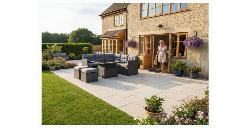 Salon de jardin d’angle ESTERIA 7 places gris avec 2 poufs et table relevable 