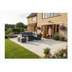 Salon de jardin d’angle ESTERIA 7 places gris avec 2 poufs et table relevable 