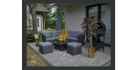 Salon de jardin d’angle ESTERIA 7 places gris avec 2 poufs et table relevable 