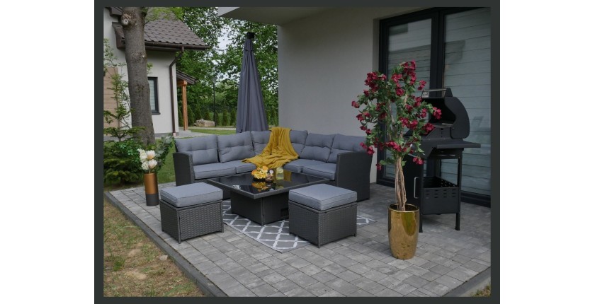 Salon de jardin d’angle ESTERIA 7 places gris avec 2 poufs et table relevable 