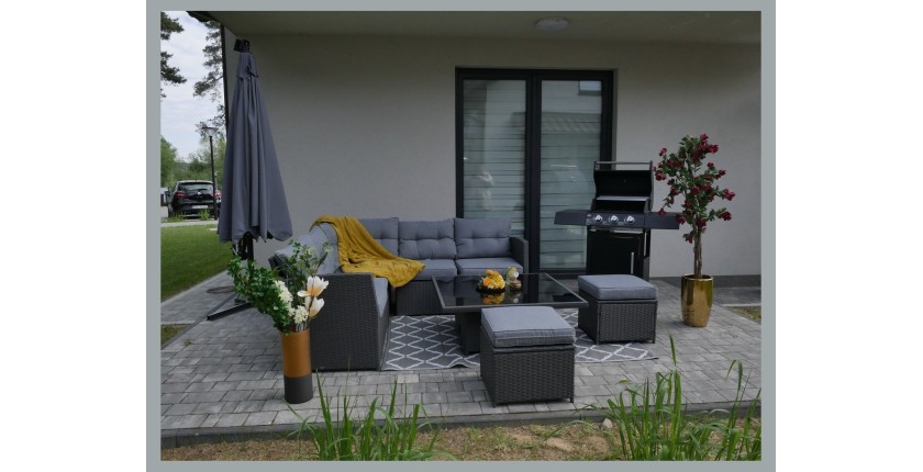 Salon de jardin d’angle ESTERIA 7 places gris avec 2 poufs et table relevable 