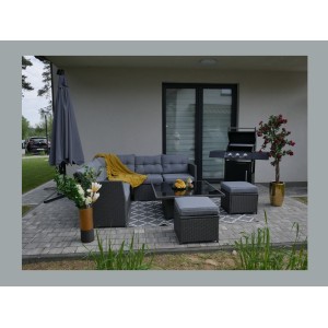 Salon de jardin d’angle ESTERIA 7 places gris avec 2 poufs et table relevable 
