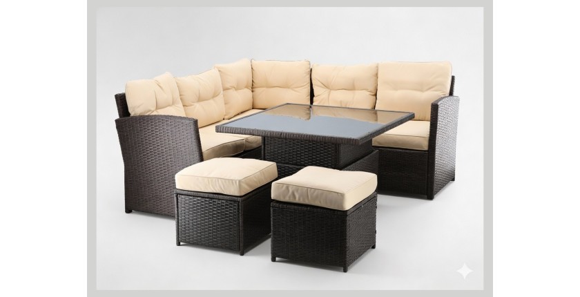 Salon de jardin d’angle ESTERIA 7 places brun avec coussins crème et table relevable 