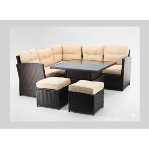 Salon de jardin d’angle ESTERIA 7 places brun avec coussins crème et table relevable 