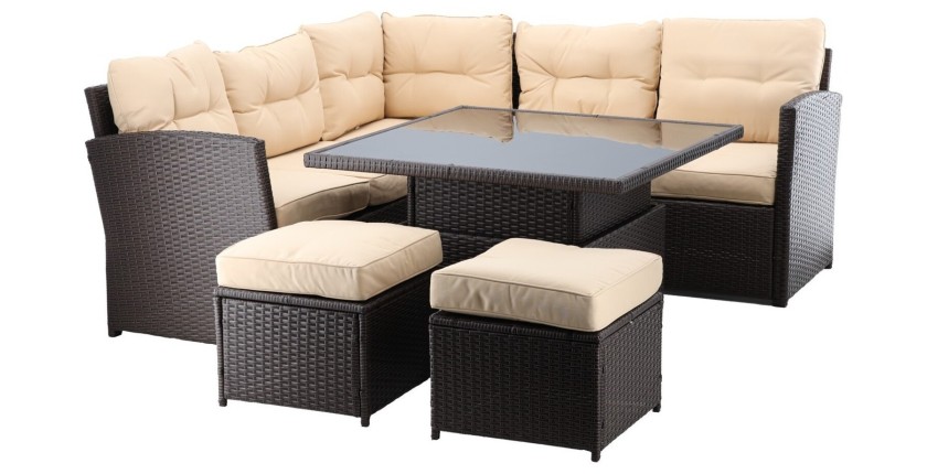Salon de jardin d’angle ESTERIA 7 places brun avec coussins crème et table relevable 