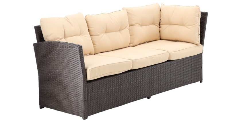 Salon de jardin d’angle ESTERIA 7 places brun avec coussins crème et table relevable 